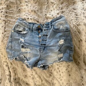 Blue Distressed Jean Shorts with Frayed Hem